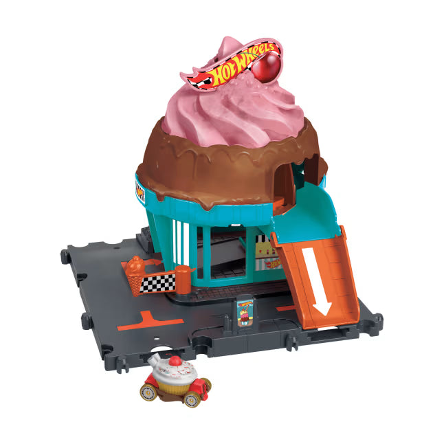 Pista Hot Wheels City Downtown Ice Cream Swirl de la serie “Let's Race” con 1 coche de juguete