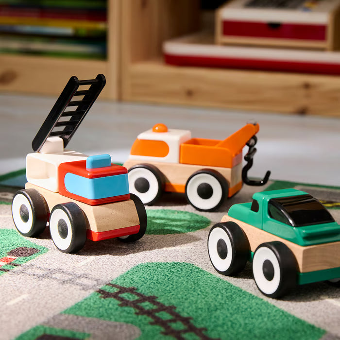 LILLABO Conjunto de 3 vehículos: camión de bomberos, coche deportivo y grúa, multicolor.