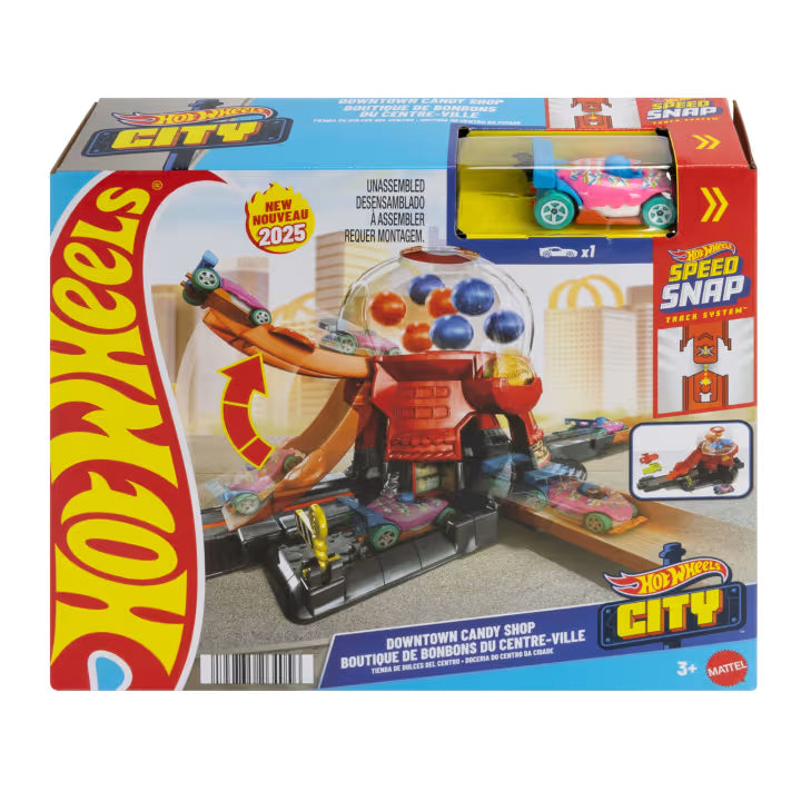 Pista Hot Wheels Downtown Candy Shop y coche de juguete de metal